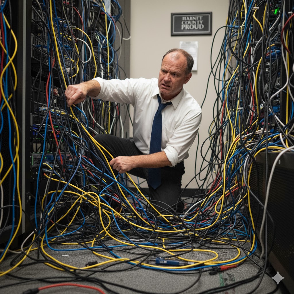Man looking frustrated with network cables